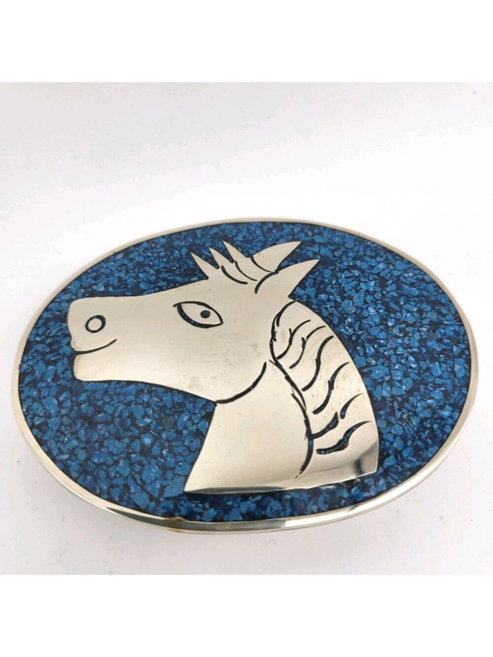 Vintage Blue Stone Inlay Horse Belt Buckle Flamboyant Pride Pink Pony Western